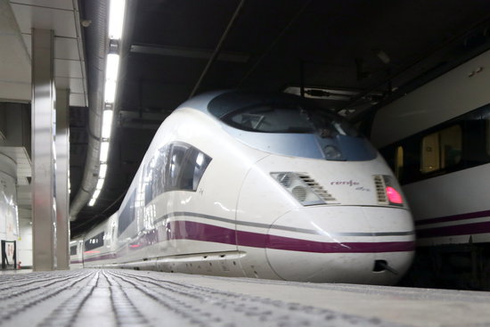 The AVE high-speed train leaving Barcelona Sants station on the way to Madrid