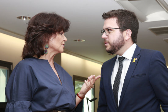 Vice presidents of Spanish and Catalan governments Pere Aragonès and Carmen Calvo on Juky 12 2018 (courtesy of La Moncloa)