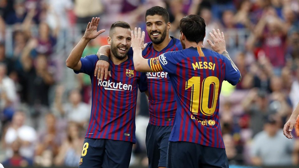 Alba, Suárez and Messi celebrate a goal during macth (Miguel Ruiz, FCB)