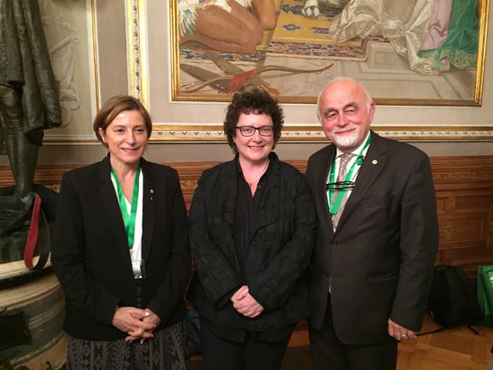 The former Catalan parliament president, Carme Forcadell (left), with the Welsh assembly president, Elin Jones, and her Flemish counterpart, Jan Peumans, in 2016 (by Joan Serra)