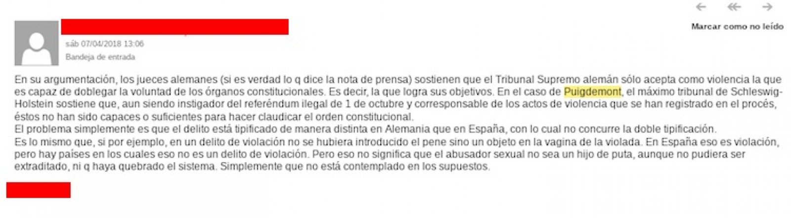 Leaked message from a Spanish judge (published by El Món)