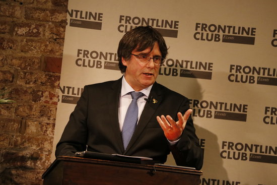 Former Catalan president Carles Puigdemont speaking at a conference in London's Frontline Club (by ACN)