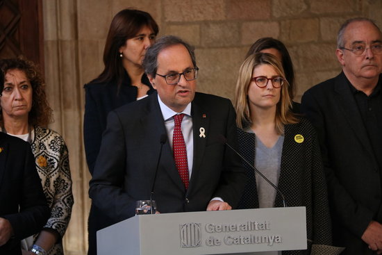 The Catalan president, Quim Torra, during his institutional statement along with the rest of cabinet members on February 1 (by Núria Julià)