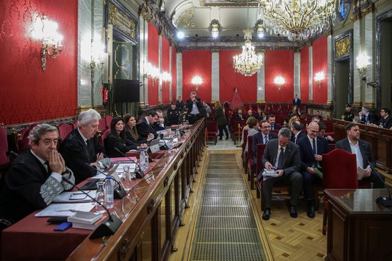 Spanish Supreme Court courtroom where independence leaders (right) are being tried (by EFE)