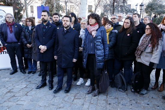 Pro-independence Esquerra Republicana party officials gather for a group photo in Madrid ahead of the trial on February 14 2019 (by Guillem Roset)