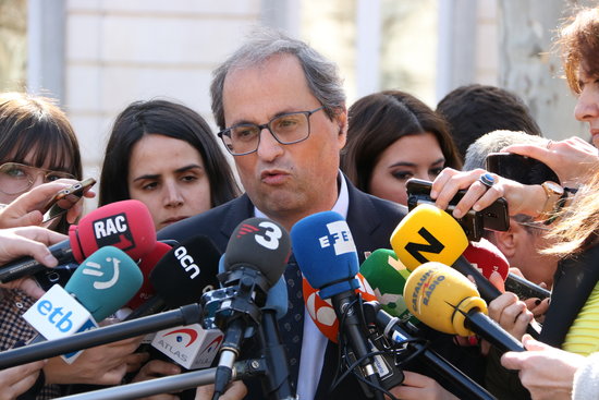 The Catalan president, Quim Torra, talking to the press after the morning session of the independence trial, day 6