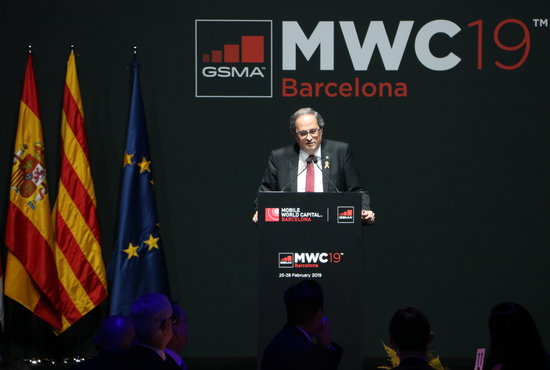 Catalan president Quim Torra speaks at the inaugural dinner of the Mobile World Congress (by ACN)