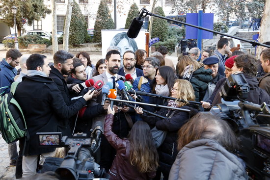 Roger Torrent, current president of the Catalan parliament, and successor to Carme Forcadell, speaking to the media ahead of the testimony of Forcadell in the Catalan Trial