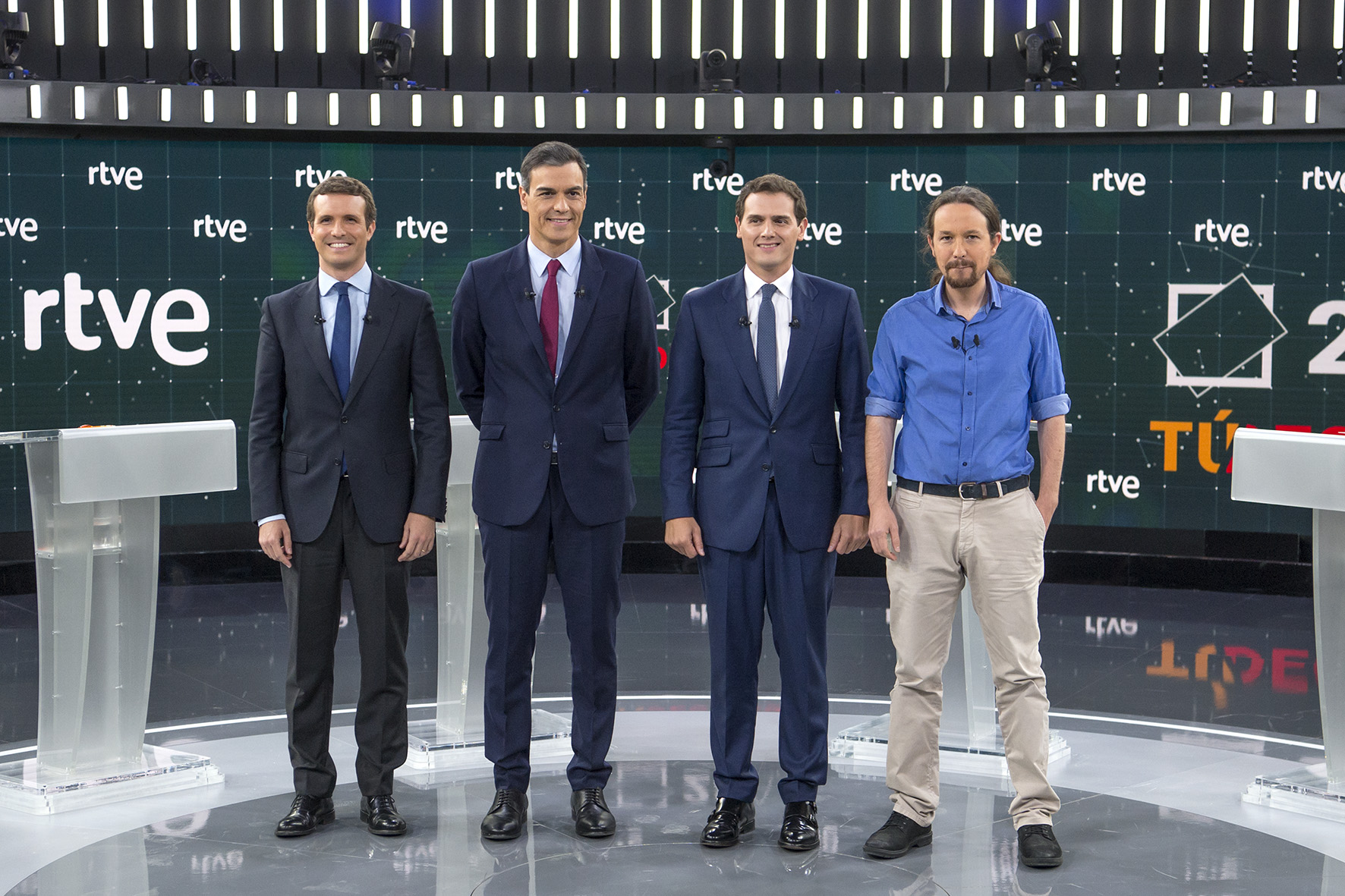 Picture of the four candidates running for Spanish president attending the debate on TVE on April 22 (by RTVE)