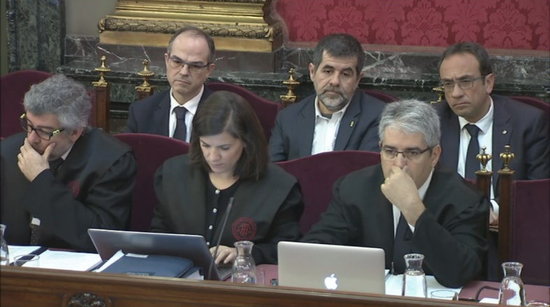 Second row, from left to right: Jordi Turull, Jordi Sànchez and Josep Rull in Spain's Supreme Court