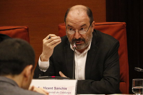 The Catalan public TV outlet TV3, Vicent Sanchis, speaking in Parliament on April 5, 2019 (by Marta Sierra)