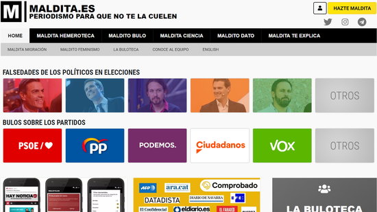 Fact checking website 'Maldita.es' with images of the main candidates in the Spanish election