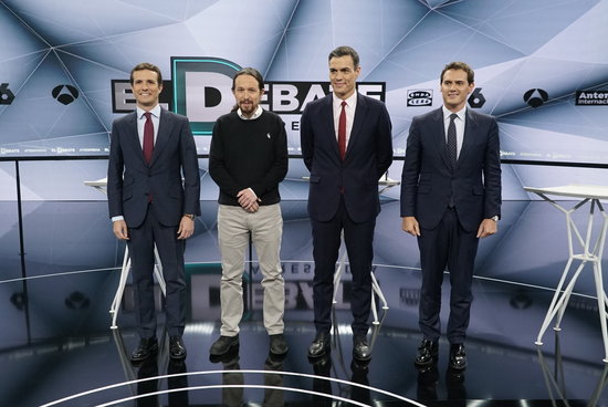 Image of the four candidates for the Spanish election taking part in Atresmedia debate on April 23, 2019