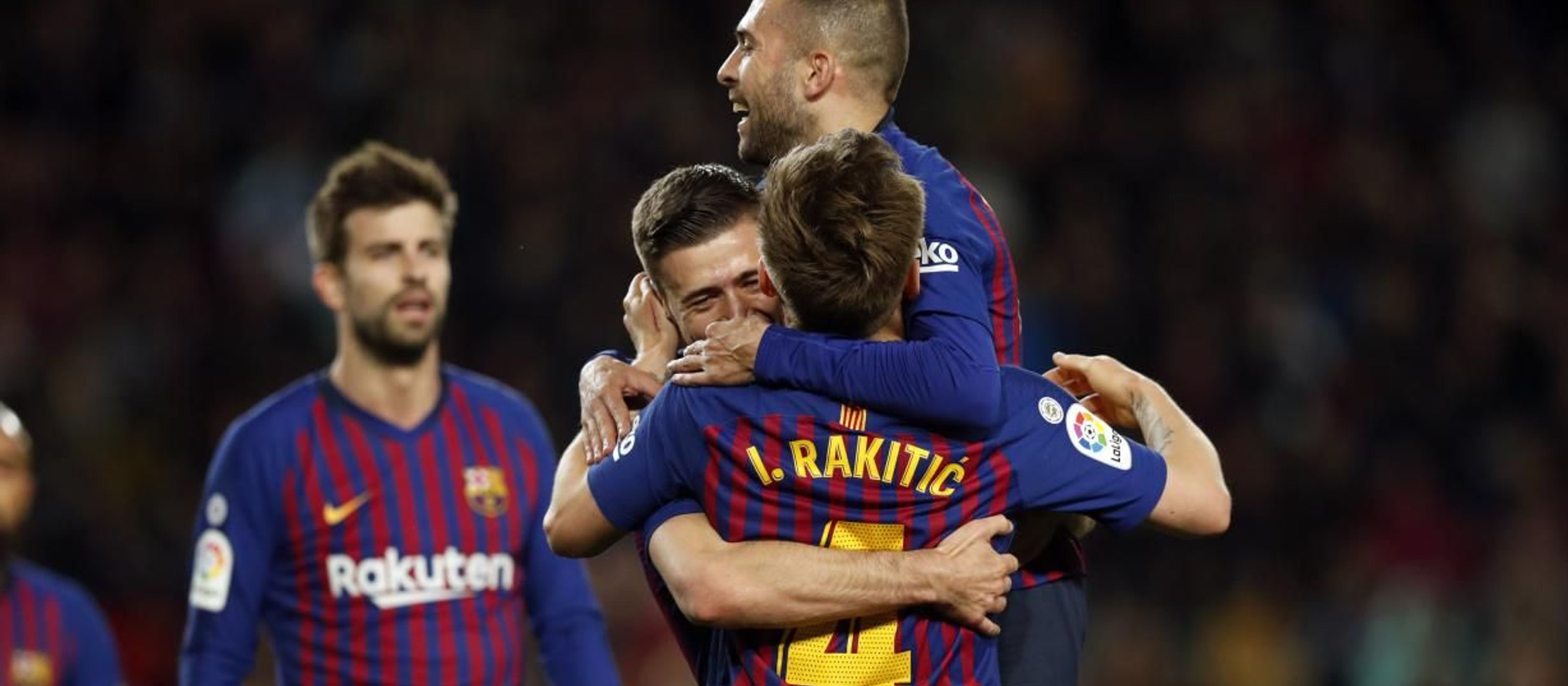 Jordi Alba, Ivan Rakitic, and Clement Lenglet celebrate together after one of the vital goals against Real Sociedad (Photo counrtest of FC Barcelona)