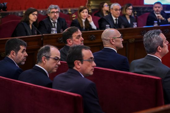 The prosecuted leaders Oriol Junqueras, Raül Romeva, Joaquim Forn, Jordi Sànchez, Jordi Turull and Josep Rull, in the dock, on February 12, 2019 