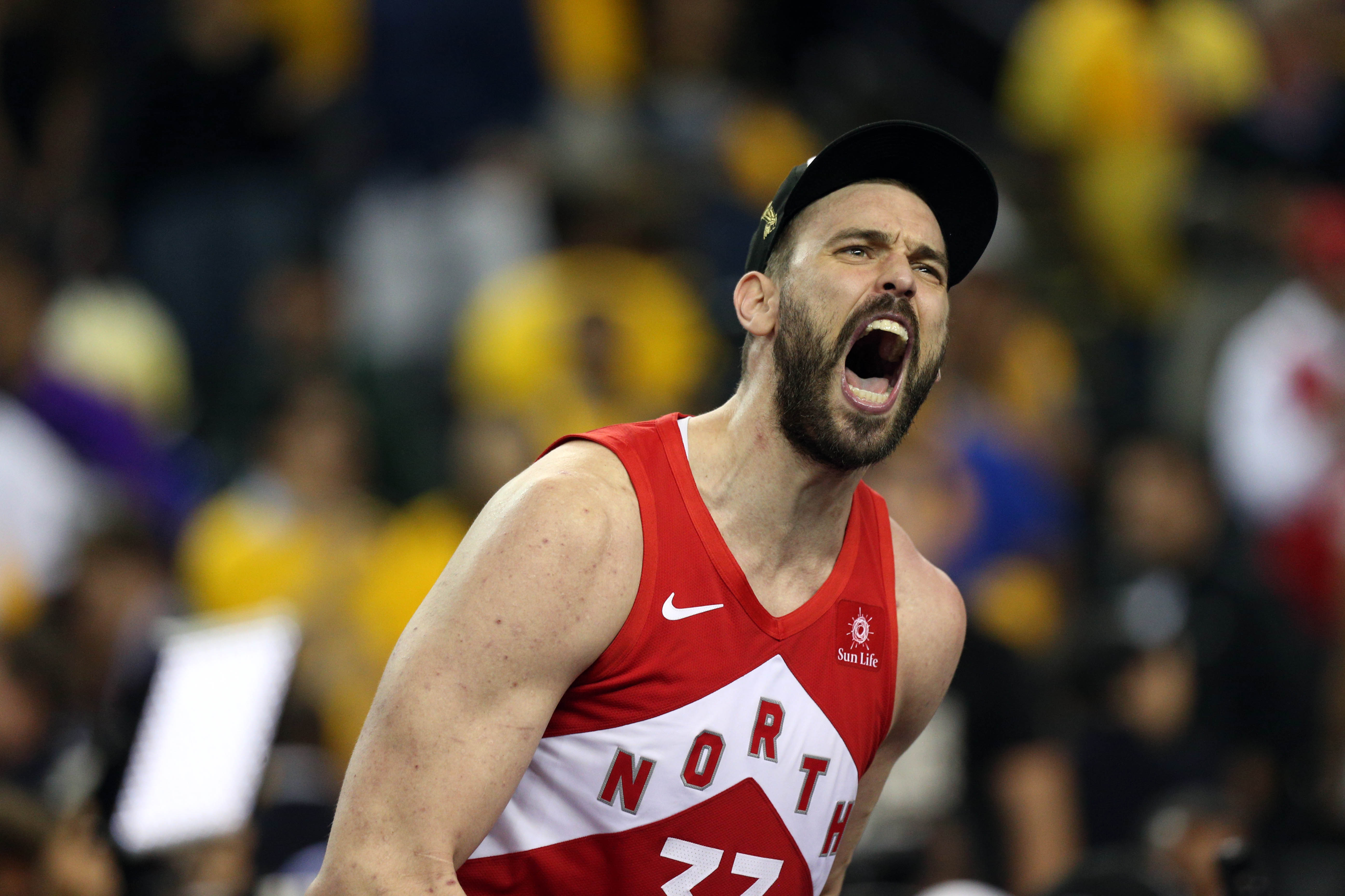 Catalan basketball player Marc Gasol celebrating his triumph with Toronto Raptors on June 13, 2019 (by Cary Edmondson/Reuters)