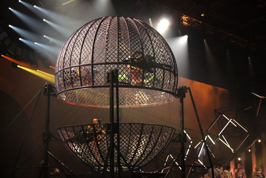 Four motorcyclists riding in a metal cage as one of the spectacles on show in the latest Cirque du Soleil performance in Andorra. (Photo: Albert Lijarcio)