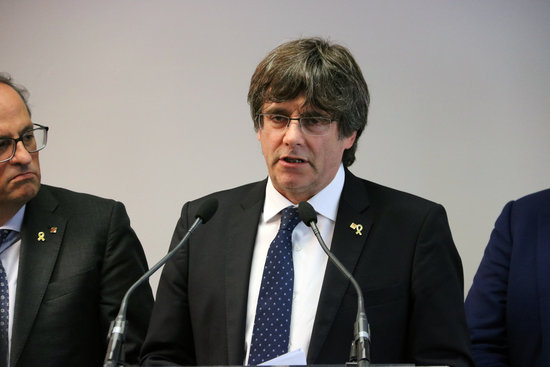 Former Catalan president Carles Puigdemont during a joint press conference with Quim Torra in Brussels. (Photo: Natàlia Segura)