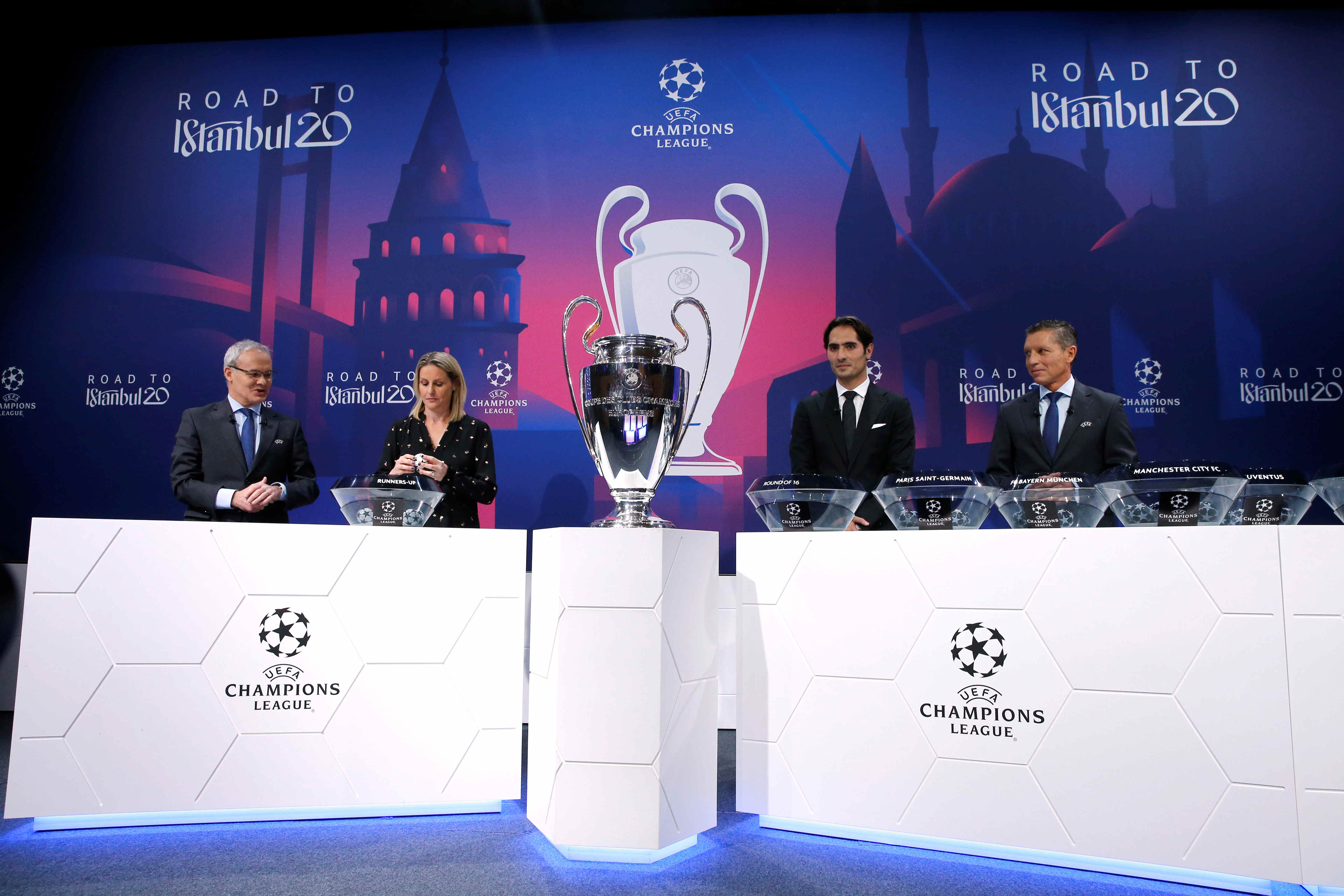 The 2019/20 Champions League round of 16 draw, which pitted Barcelona against Napoli, in Nyon (by Reuters)