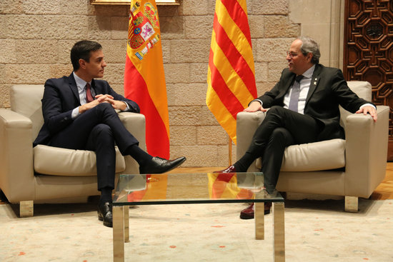 The Spanish president, Pedro Sánchez, and the Catalan leader, Quim Torra, during their meeting in the Catalan government HQ in Barcelona, on February 6, 2020 (by Bernat Vilaró)
