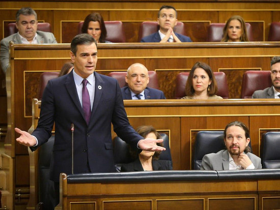 Spanish president Pedro Sánchez speaking in the congress session on Wednesday, February 12, 2020 (image loaned by Spanish Congress)
