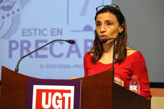 Eva Gajardo, during her speech on the pay gap at a UGT event on February 20, 2020. (By: Lluís Sibils)