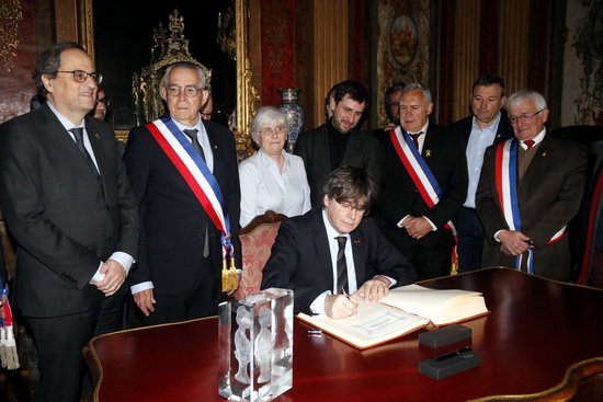 The Catalan former president, Carles Puigdemont, visiting Perpignan town hall, on February 29, 2020 