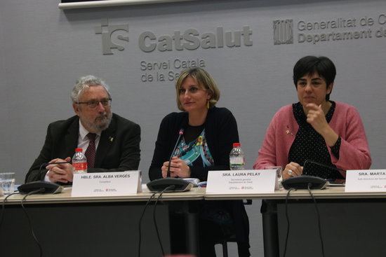 Image of the public health secretary, Joan Guix, the health minister, Alba Vergés, and the health secretary general, Laura Pelay, on February 26, 2020 (by Elisenda Rosanas)
