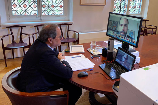 President Quim Torra speaks in the parliamentary session held via video link during the coronavirus state of alarm (by Rubén Moreno/Presidència)