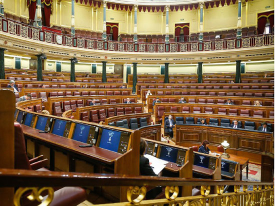 An almost empty Spanish Congress during the debate on extending the state of alarm, March 25, 2020 (Congress)