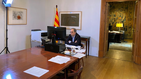 President Quim Torra on a video conference call, April 2, 2020 (photo courtesy of Catalan governement)