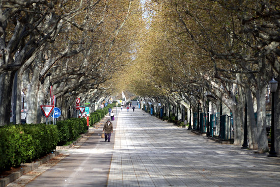 Passeig Verdaguer, one of the main roads in the city of Igualada, with some people out walking after the lifting of the isolation orders (by Estefania Escolà)
