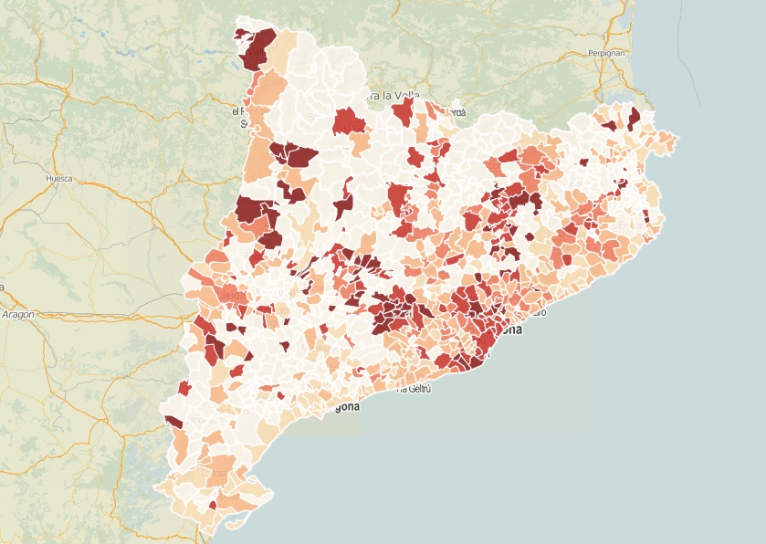Map of Catalonia with the ratio of declared Covid-19 cases per municipality as of end of March 2020 (by Guifré Jordan/Instamaps service)