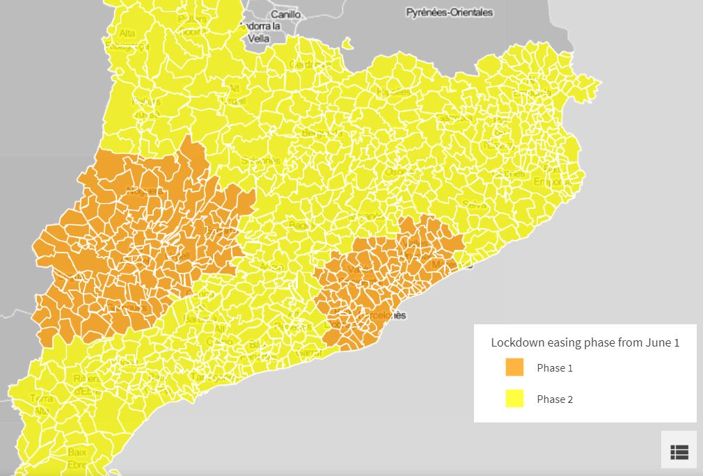 Map of Catalan municipalities by lockdown de-escalation phase from June 1 (by Guifré Jordan)