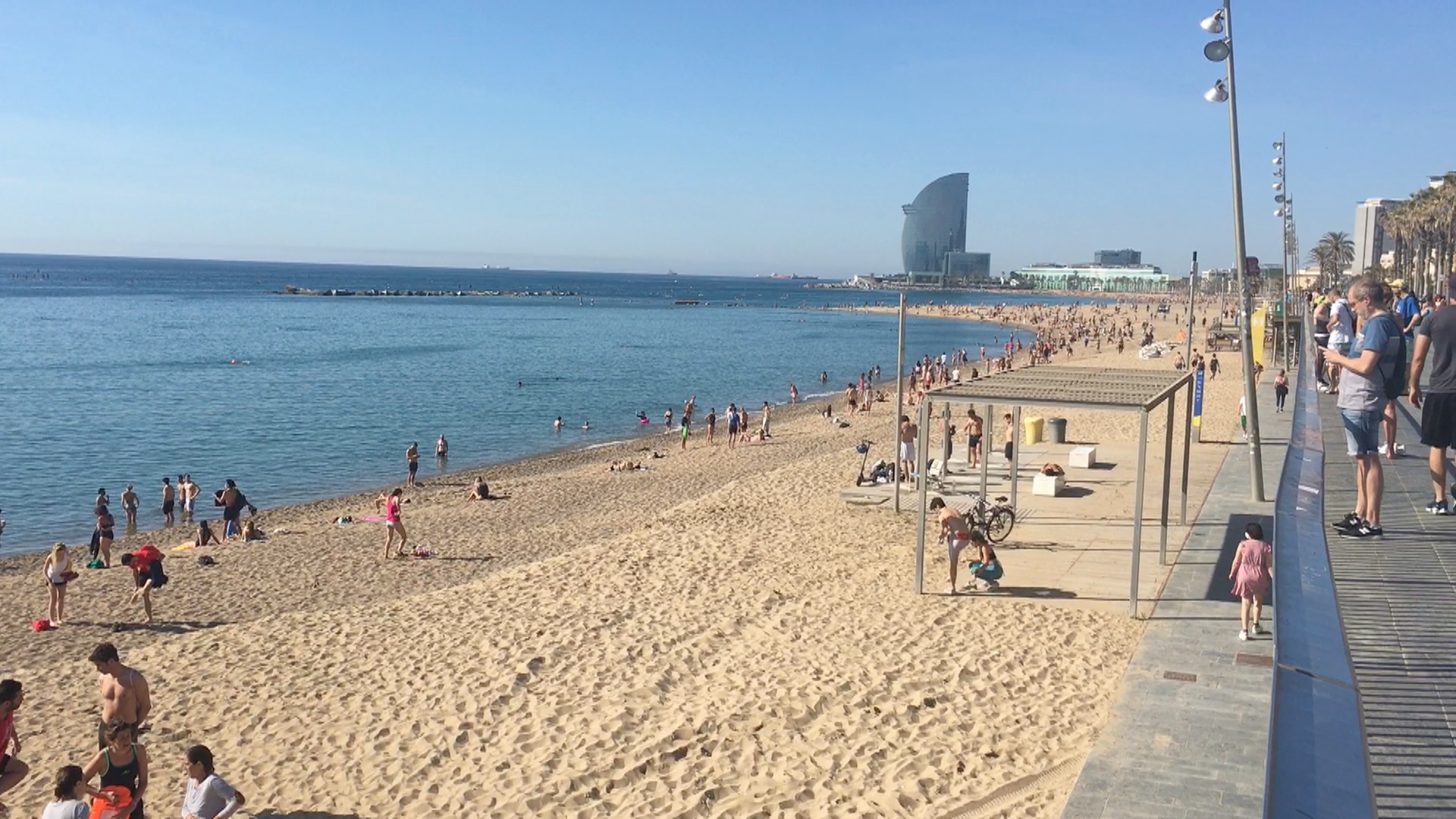 Barceloneta beach on the first weekend morning that people were allowed to go for strolls on the sand after pandemic restrictions eased