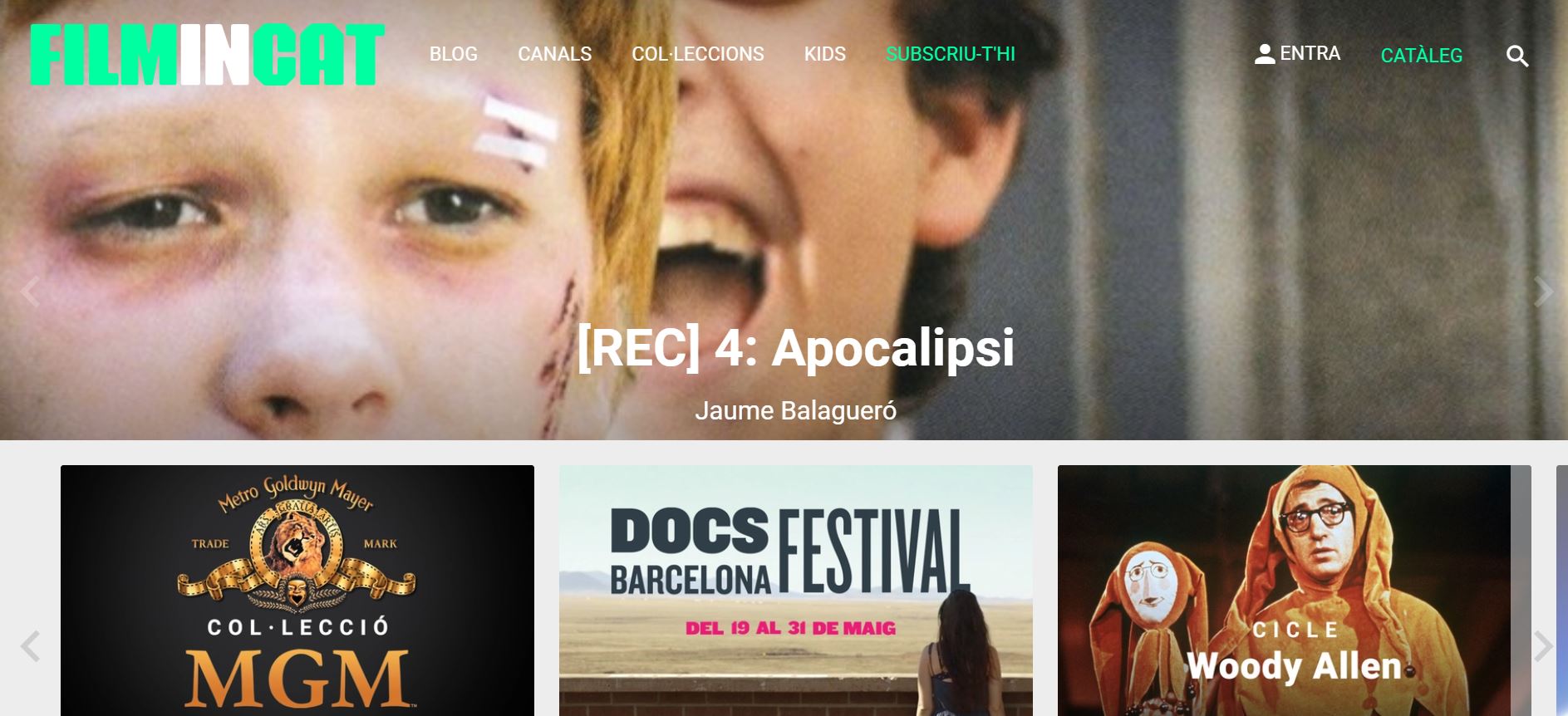 The home page of the FilmIn website, featuring the DocsBarcelona section (image from FilmIn.cat)