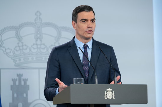 Spanish president Pedro Sánchez during a press conference, May 9, 2020 (by Moncloa)