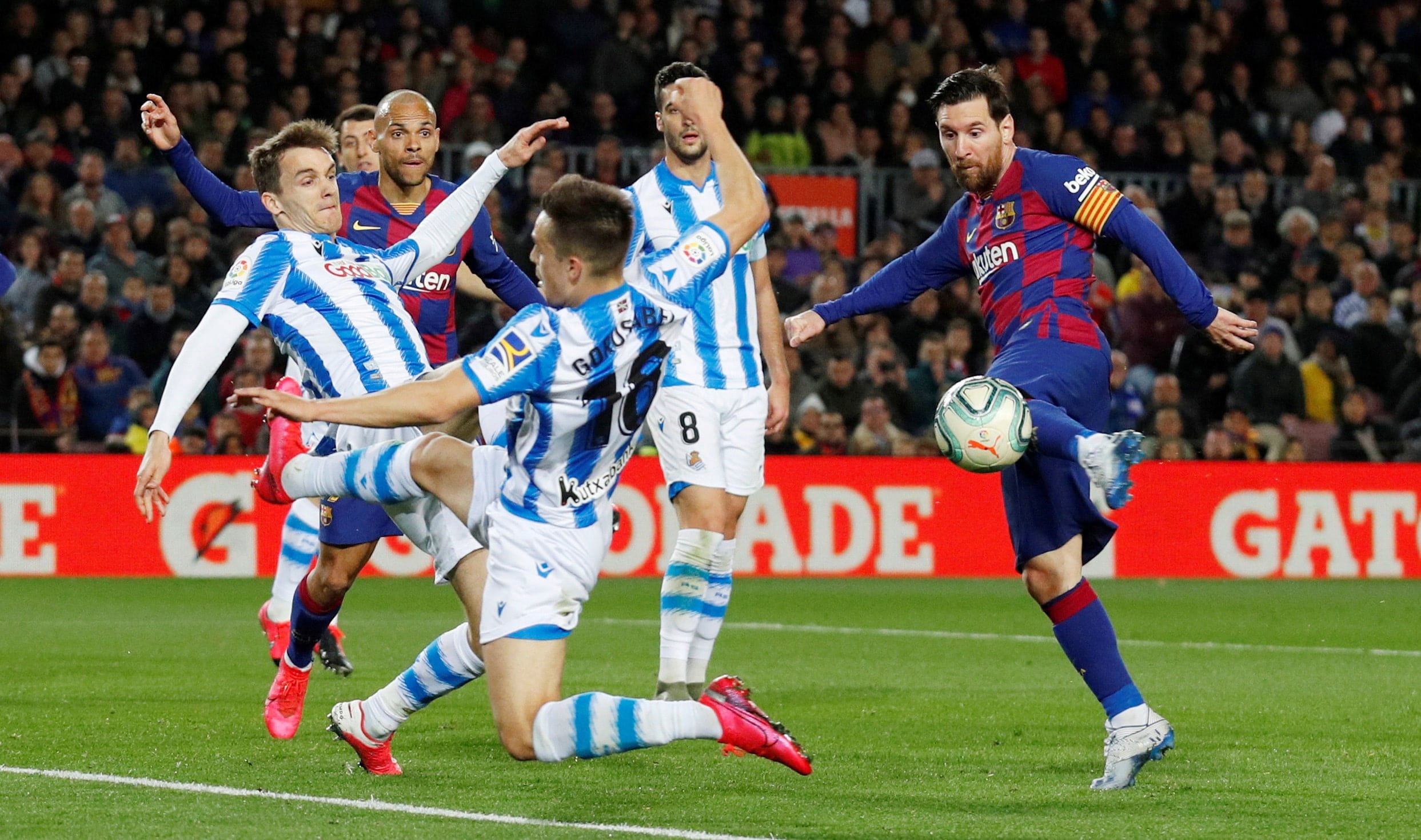 Barcelona's Leo Messi strikes the ball during his side's match with Real Sociedad in the last game Barça played before the Covid-19 pandemic (image by Reuters)