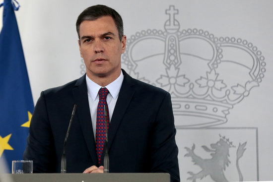 Spanish president Pedro Sánchez during an institutional speech in June, 2020 (by Pool Moncloa/JM Cuadrado)