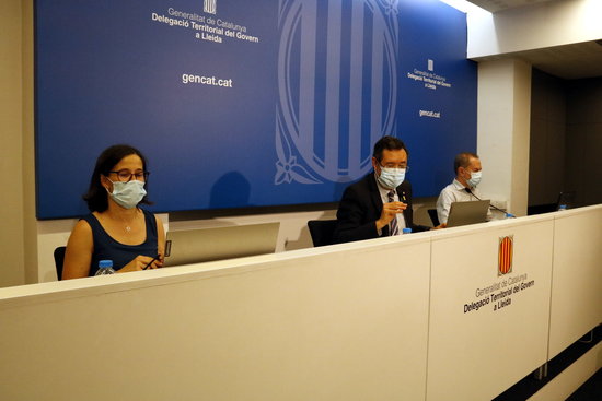 Lleida health and government officials Divina Farreny, Ramon Farré and Ramon Sentís, July 8, 2020 (by Laura Cortés)