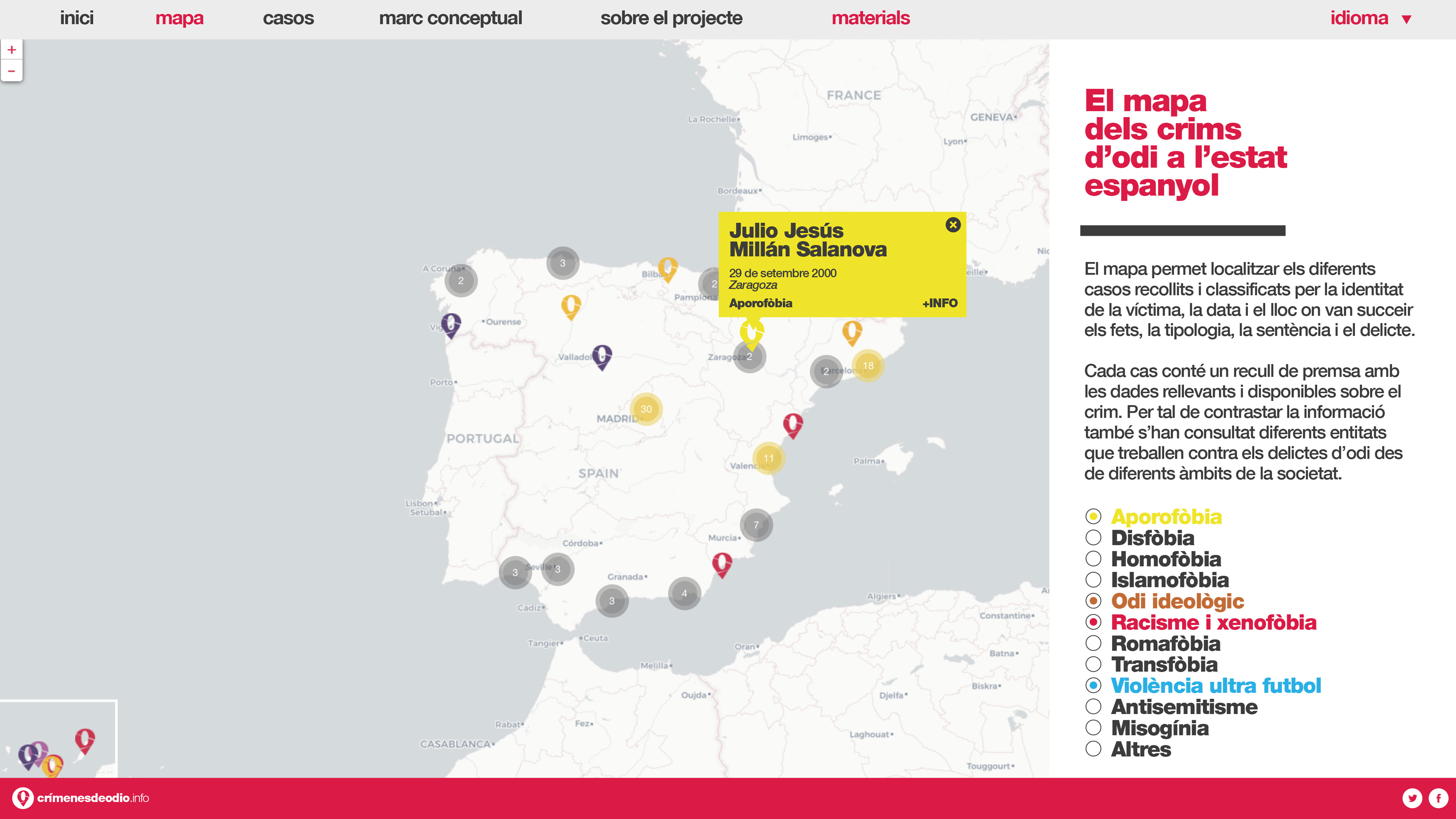 Map of Spain highlighting hate crimes (from the website crimenesdeodio.com)