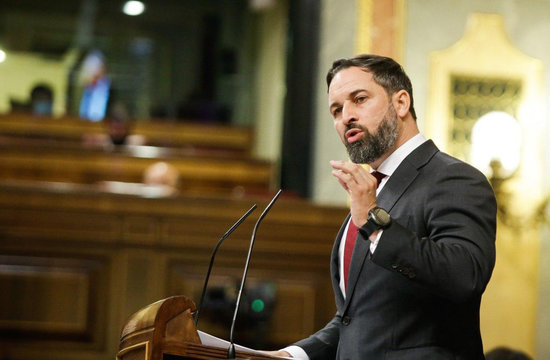 Far-right Vox leader Santiago Abascal during the debate on the censure motion brought by his party, October 21, 2020 (by Congress)