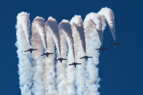 Planes from the Spanish Air Force's Eagle Patrol with an aerobatics display at Lleida-Alguaire Airport, September 23, 2018 (Festa del Cel) 