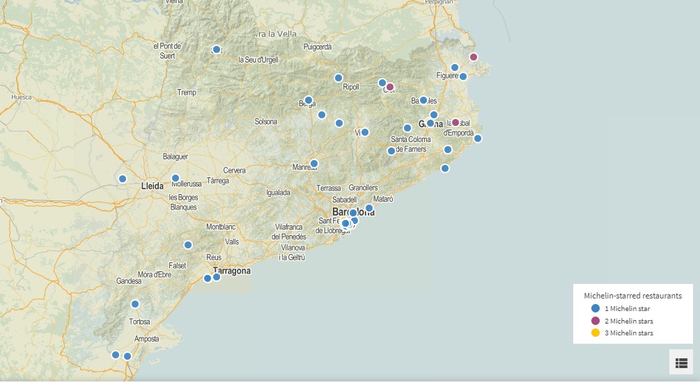 Map of 2021 Michelin-starred restaurants in Catalonia (map made on Instamaps)