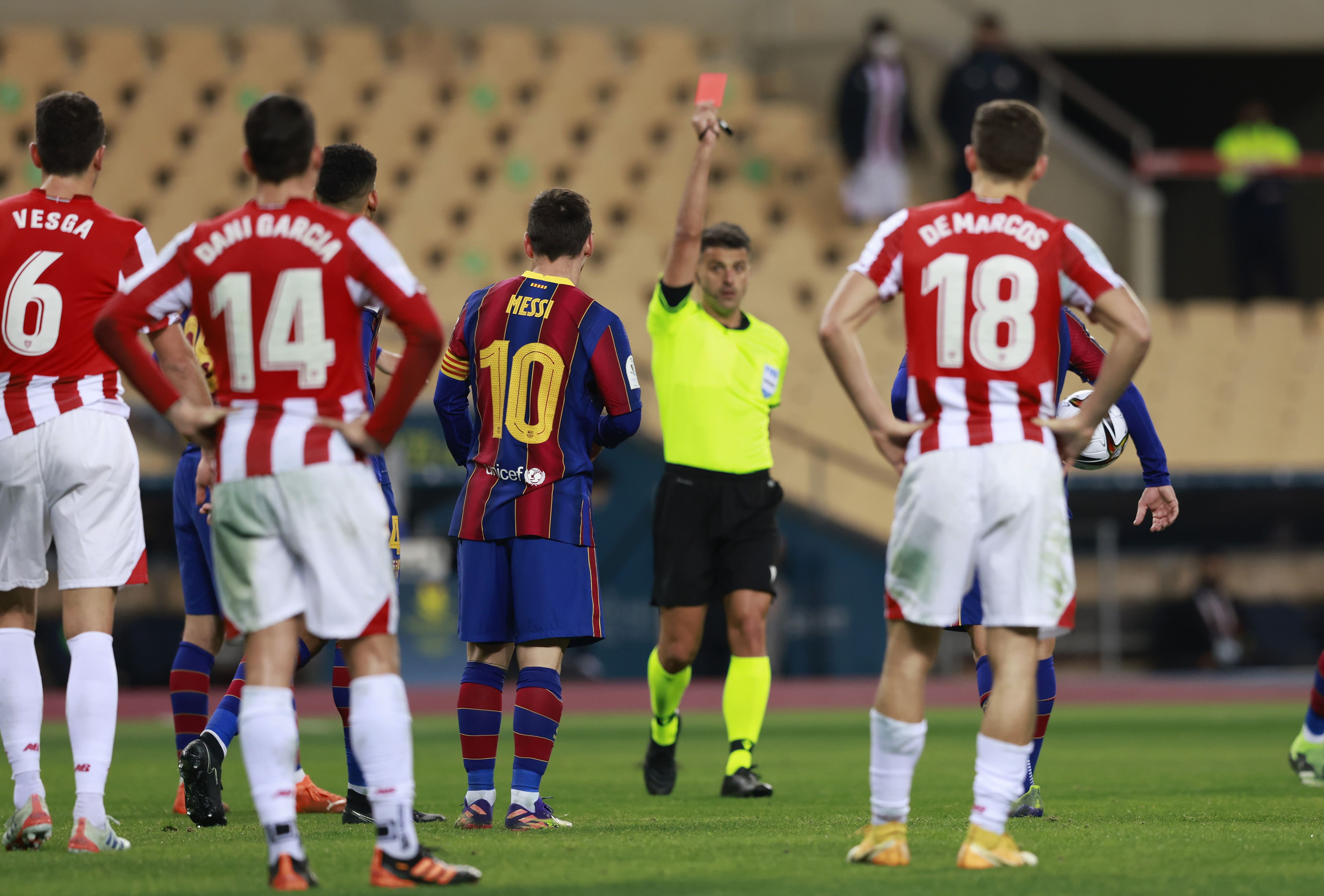 Leo Messi is shown the first red card of his Barcelona career late in the Super Cup final clash with Athletic Bilbao (image by REUTERS/Marcelo Del Pozo)