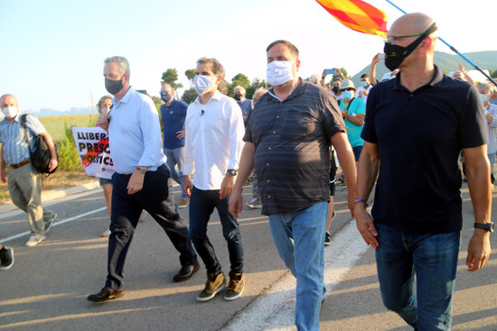 From left to right, jailed pro-independence leaders Quim Forn, Jordi Cuixart, Oriol Junqueras, and Raül Romeva (by Estefania Escolà)