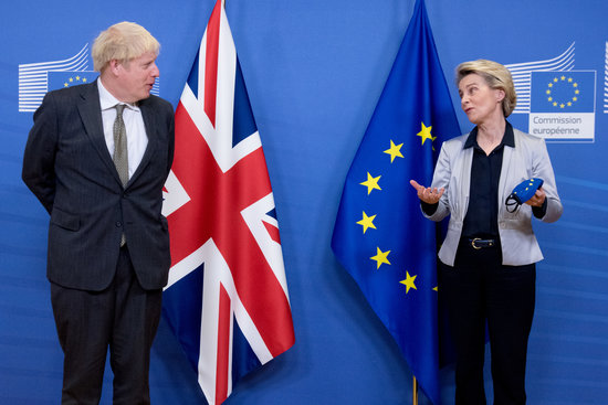 President of the European Commission Ursula von der Leyen greets British Prime Minister Boris Johnson in Brussels to negotiate post-Brexit trade deal, December 9, 2020 (European Commission)