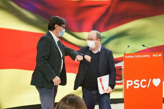 The Socialists' Salvador Illa and Miquel Iceta at a pre-campaign event, January 3, 2021 (PSC)