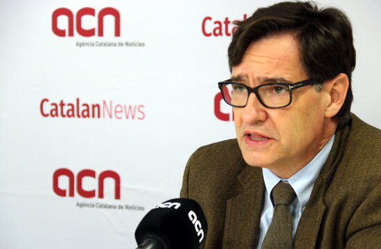 Socialists presidential candidate Salvador Illa at a Catalan News Agency (ACN) press conference, February 1, 2021 (by Àlex Recolons)