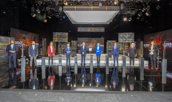 Photo of all nine candidates taking part in the TV3 Catalan election debate on February 9, 2021 (by TV3)